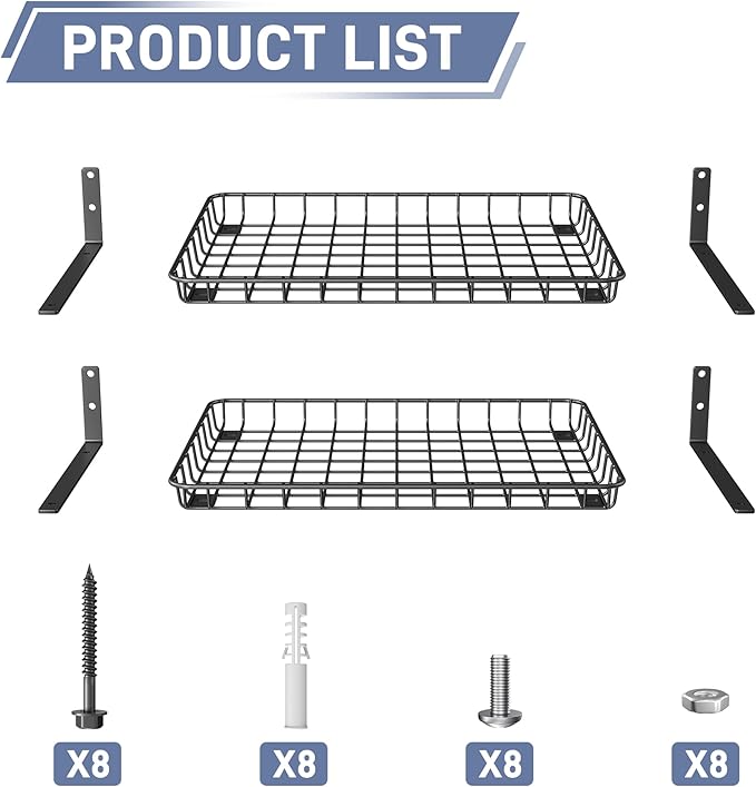 WALMANN Garage 12x18 inch Wall Shelf, Wall-Mounted Storage Shelves for Garage, Closet, Laundry Room, Heavy Duty Wall Shelving, Holds Up to 60 lbs(Pack of 2, Black)