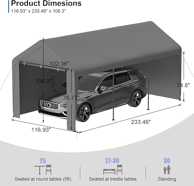 Carport 10x20 Heavy Duty Portable Garage w/Removable Sidewalls & Roll-Up Door Car Canopy Party Tents Waterproof UV Resistant All Weather Car Port for Trucks,Boats(Grey)