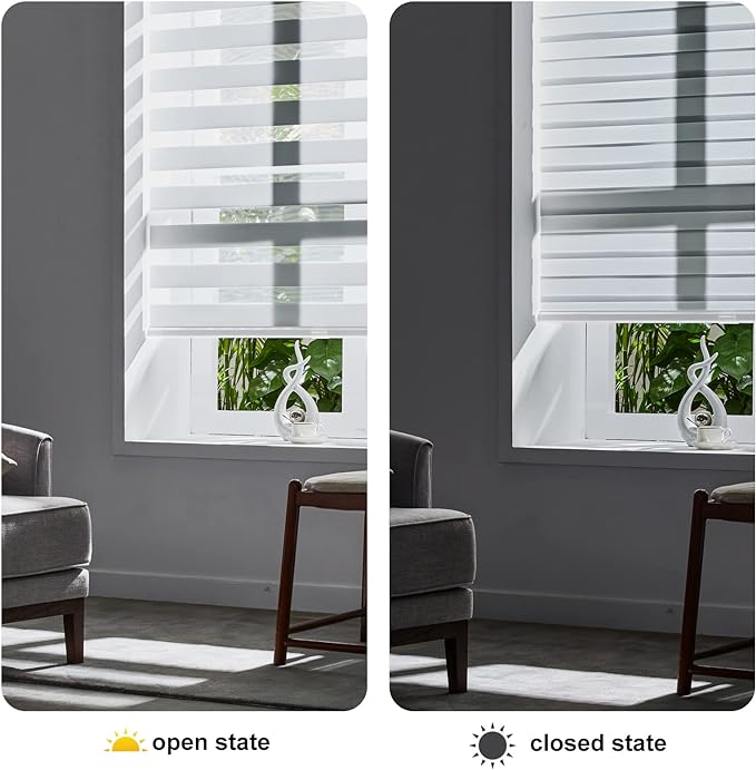 Persilux Zebra Blinds Cordless Blinds & Shades (55" W x 72" H, White) Free Stop Roller Window Shades, Light Filtering Blinds for Windows, Light Control for Day and Night