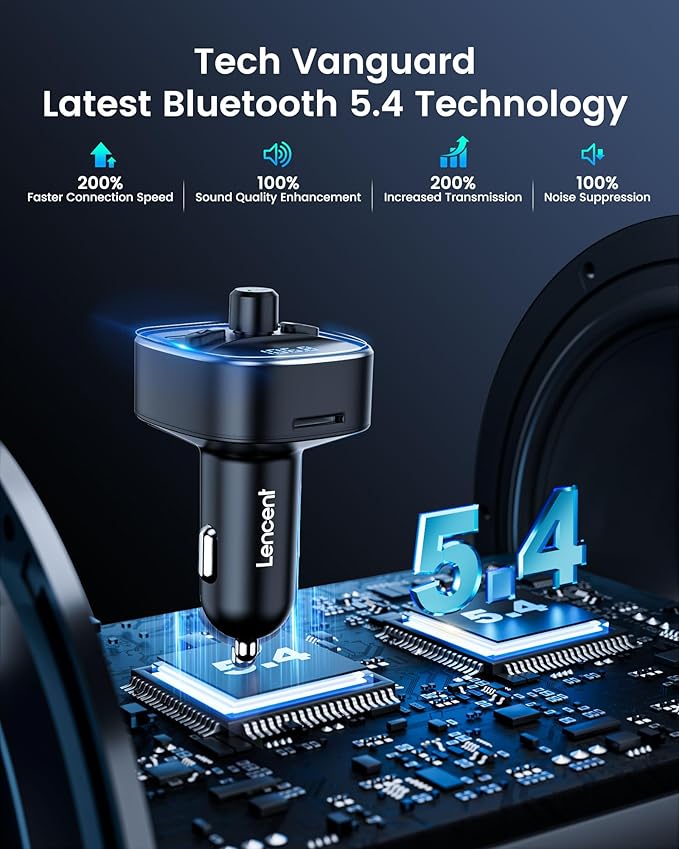 LENCENT Bluetooth 5.4 FM Transmitter Car Adapter 48W [PD 30W & 18W] [7 Color Light] [Fast Charging] Wireless Radio Music Adapter Hands-Free Calling, Support USB Drive & TF Card
