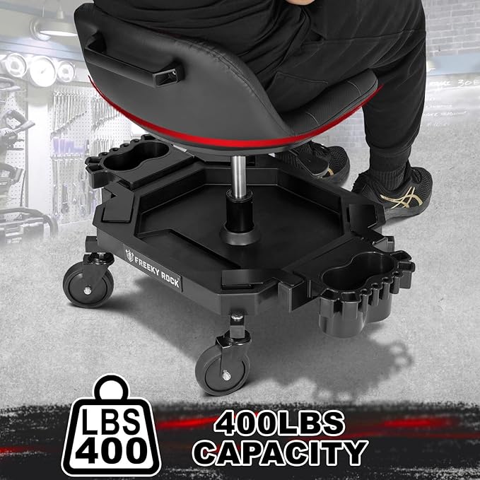 Rolling Stool with Wheels, Adjustable Height Pneumatic Garage Work Mechanic Stool Seat with Backrest, 400 LBS Capacity 360° Swivel Mechanic Crepper Chair with Tool Tray Storage, Black