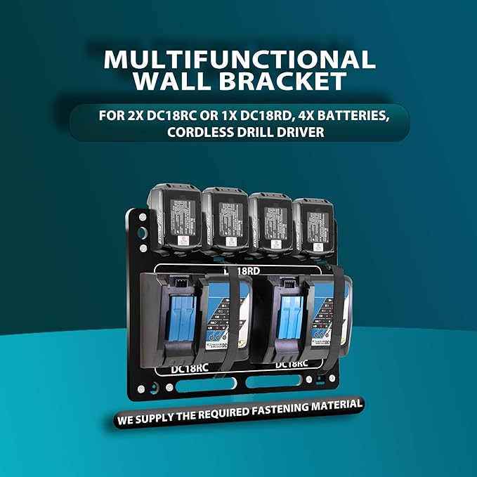 Battery Holder for Makita, Wall Mount for Makita DC18RC DC18RD Chargers, Suitable for Makita Battery Charger 14.4V/18V Batteries and 2 Drilling Screwdrivers, Storage in The Workshop and Garage