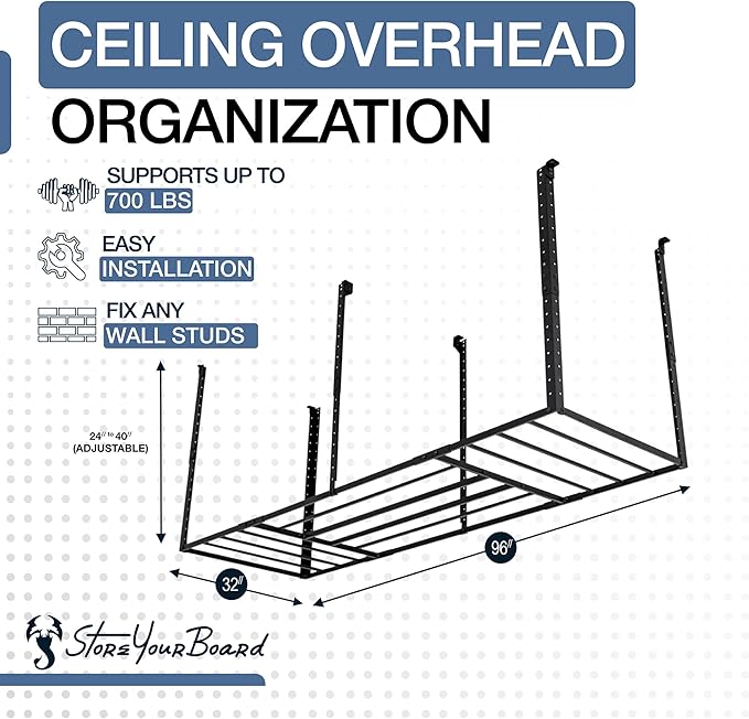 StoreYourBoard 3 x 8 ft Garage Storage Rack, Ceiling Shelf Overhead Organization, Heavy Duty Steel Platform Holds 700 lbs, 96 in. x 32 in. x 40 in.