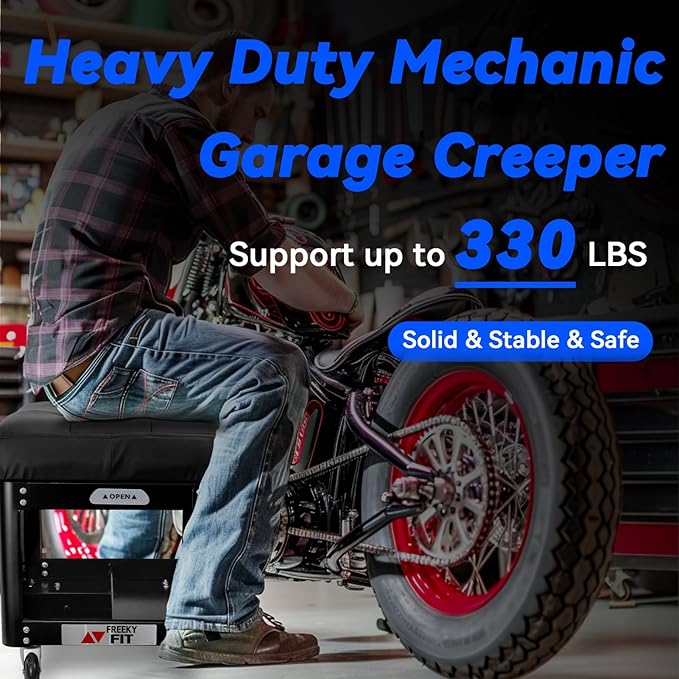 Rolling Creeper Garage Shop Seat for Men, Padded Mechanics Stool with Tool Tray Storage for Garage, Rolling Workshop Stool with Wheels, Auto Creeper Seat, 330 LBS Capacity, Heavy Duty, Black