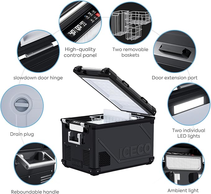 ICECO APL55 Dual Zone Portable Refrigerator Freezer Bluetooth Controlled, 55 Liter 12v refrigerator with SECOP Compressor, DC 12/24V, AC 110-240V, for Truck, Car and Home, -4℉~68℉ (Black)