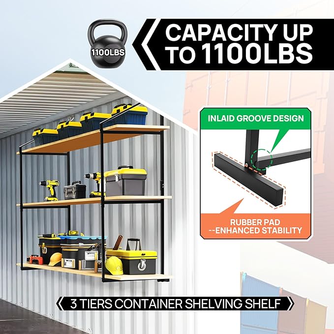 2 Pack Shipping Container Shelving Shelf Capacity up to 1100 lbs, 3 Tiers Shipping Container Hanging Bracket Shelf Rack Shipping Container Accessories for Cargo Storage