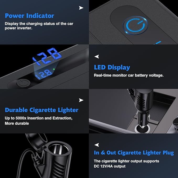 RoyPow 300W Car Power Inverter, DC 12V to 110V AC Power Inverter with Cigarette Lighter Port, Car Plug Adapter Outlet with 3.4A USB-A, QC3.0 24W, PD 30W, PD 36W, Dual AC Outlets, Car Charger Adapter