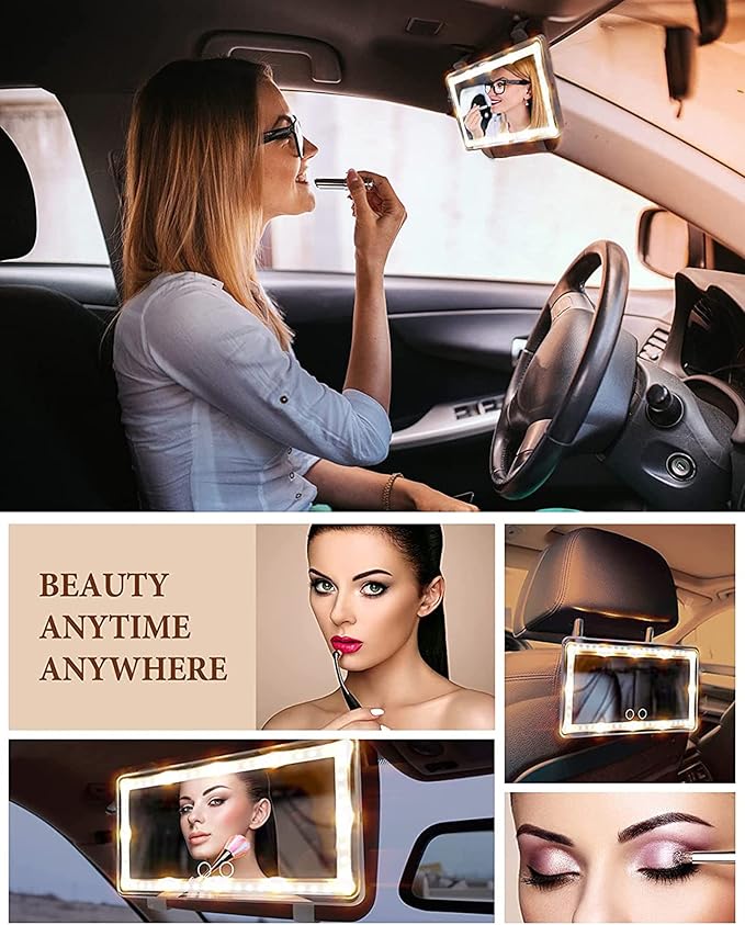 Car Visor Mirror with Rechargeable LED Light - 3 Light Modes & Dimmable Touch Screen - Clip on Big Sun Visor Vanity Mirror for Truck - Passenger Princess Car Accessories for Women Girl- White