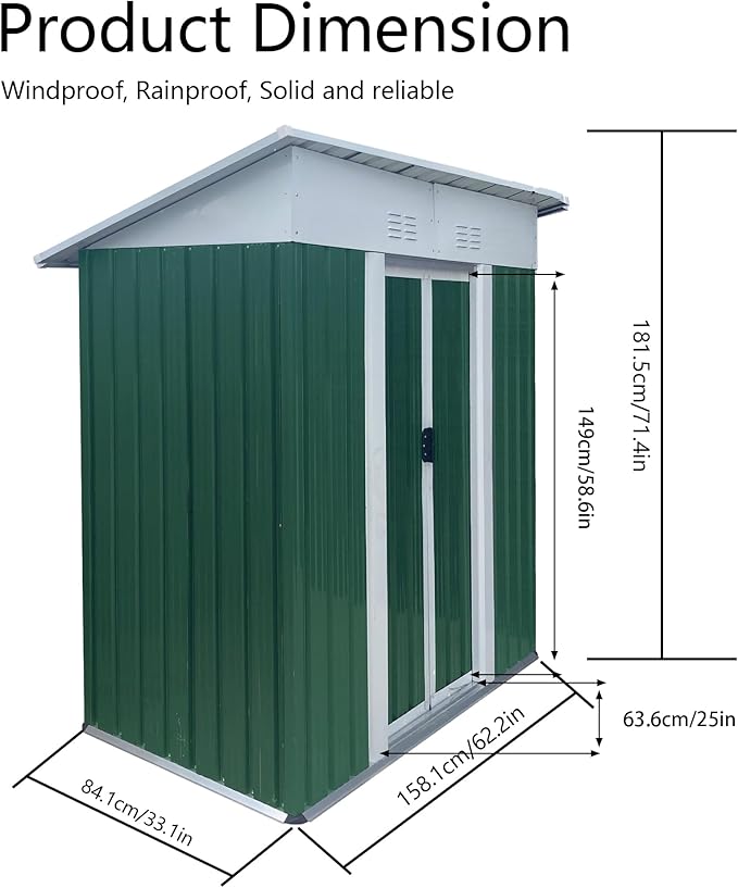 5x3 FT Outdoor Storage Shed with Sloping Roof, Waterproof Metal Garden Sheds w/Lockable Sliding Doors and Vents, Weather Resistant Tool Storage House for Backyard, Patio, Lawn, Green