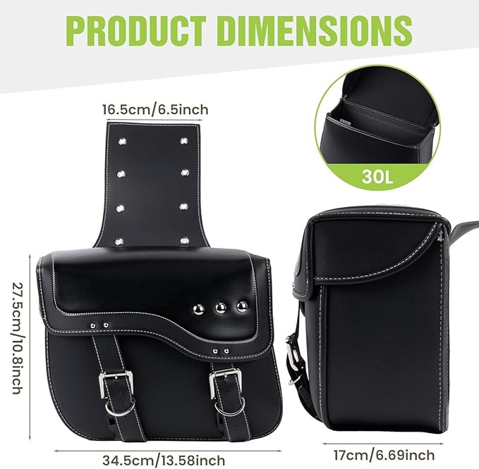 30L Motorcycle Saddlebags Water-Resistant PU Leather Storage for Harley Sportster Softail Dyna Honda Shadow | Quick-Install Design with Reinforced Straps | Universal Fit Large Capacity Luggage Bags