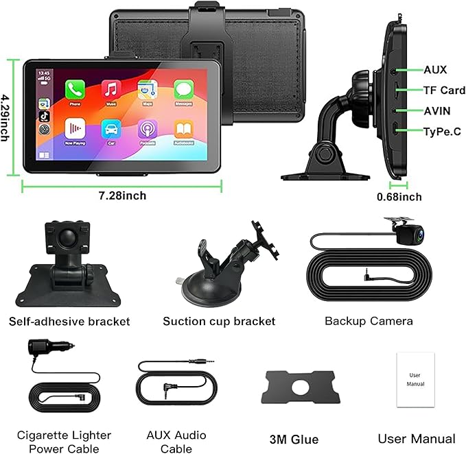 Apple Carplay Screen for Car, 7" HD Portable Wireless Touch Screen for Apple Carplay & Android Auto, with 1080P Backup Camera, Car Play Tablet, GPS Navigation/Mirror Link/Bluetooth/FM/Voice Control