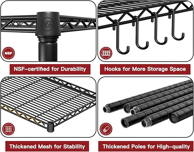 PrimeZone Wire Metal Storage Shelves - 5 Tier Adjustable NSF Certified Heavy Duty Garage Shelving Unit Organizer Rack, Steel Utility Shelf for Kitchen, Pantry, 35.5" W x 14" D x 72" H, Black, 2 Packs