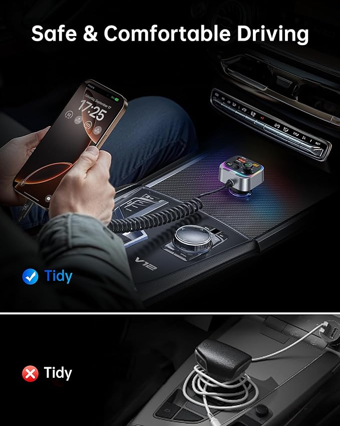 Syncwire Bluetooth 5.4 FM Transmitter Car Adapter 66W PD & QC 3.0 Fast Charging with USB-C Cable Wireless Radio Adapter with Light Control, HiFi Bass, Hands-Free Calling and Strong Mics
