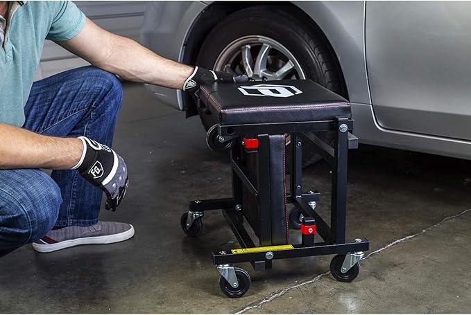 Powerbuilt 2-in-1 Rolling Creeper Seat Converts from High to Low Roller Seat, Fast, Tool-Free Conversion, Garage, Shop, Brake Jobs, Washing, Detailing, Maintenance, Thick Pad, 3-in. Casters - 240298