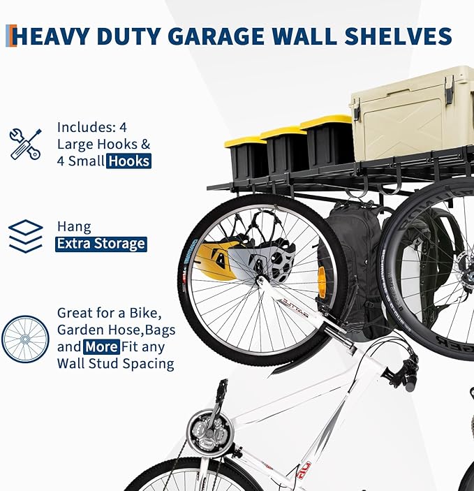 2 Pack Heavy Duty Garage Wall Shelves, 2x4ft Wall Mount Storage Shelf with Hooks, Shelf Warehouse Organization System, Rack Shelving, Holds 200 Lbs Each for Shop, Garage Storage