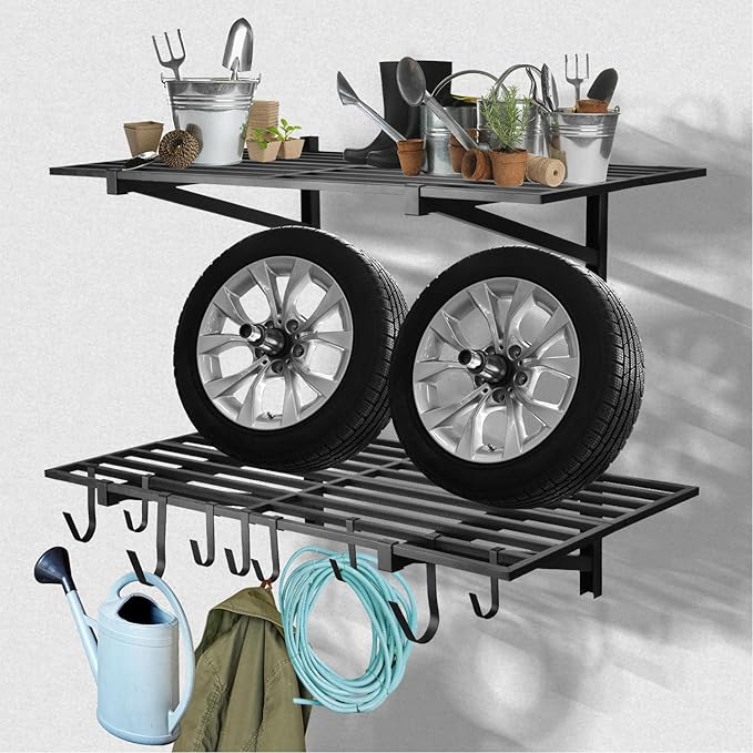 4 Pack 1,5x4ft Heavy Duty Garage Wall Shelving, Garage Shelving Wall Mounted, Storage Rack with Hooks (Black)