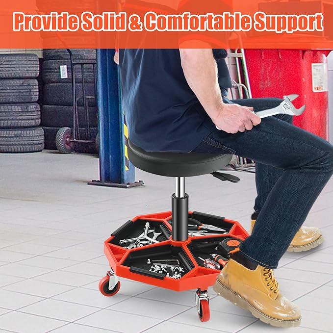 Adjustable Mechanic Rolling Stool, Pneumatic Rolling Stool with Wheels, Tool Storage Tray & Padded Seat Cushion, Garage Stool Chairs Creeper Seat (Red)