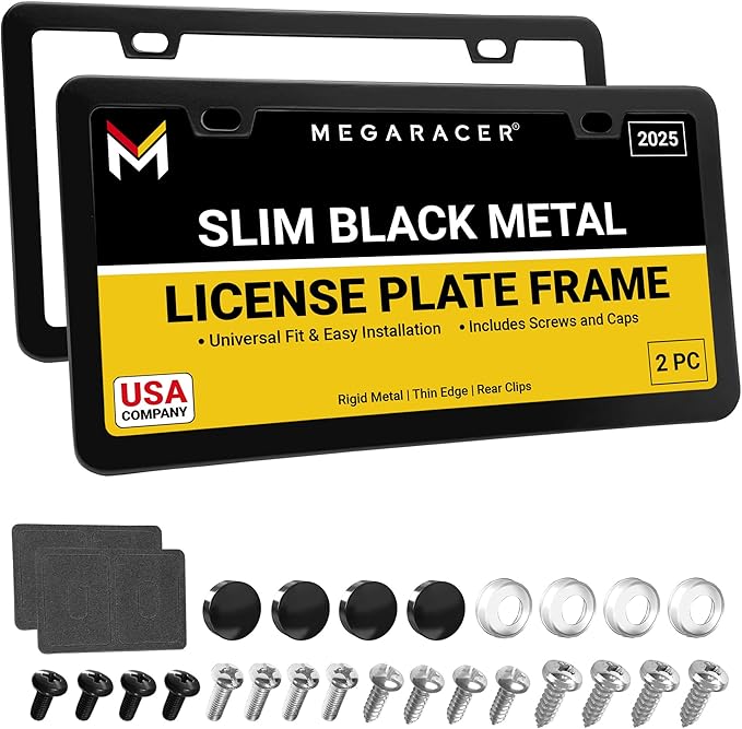 Premium Slim Matte Black License Plate Frames – 2 Pack, Rust-Free Stainless Steel & Rattle-Free, Street Legal, Universal with Screw Caps Cover, Thin Metal Front & Rear Car Tag Holders for Men & Women