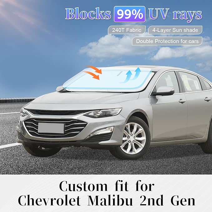 Sun Shade Sunshade for Chevrolet Malibu Windshield Cover, 4-Layer Front Window Shade Custom fit Chevy Malibu 2016-2024 2025 Sun Visor 240T Retractable Shade Blocks UV Rays Cooler Car Accessories