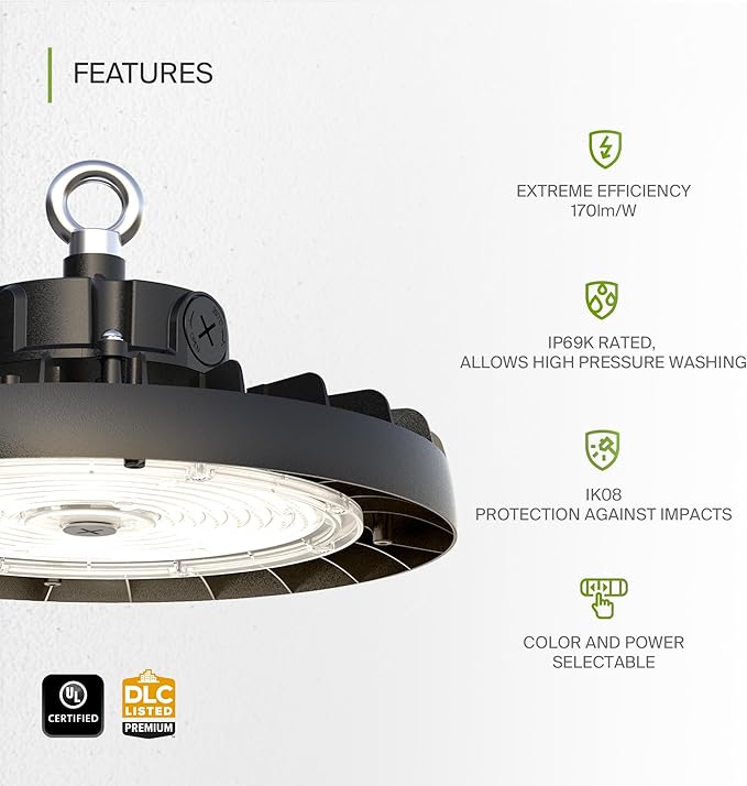 ASD LED High Bay UFO Light Fixture, Commercial Shop Lighting | 3CCT, Dimmable, IP69K Waterproof, DLC Premium, UL Listed | 200W 31900LM 3000-5000K 100-277V | Warehouse, Garage, Workshop Lamp | Black