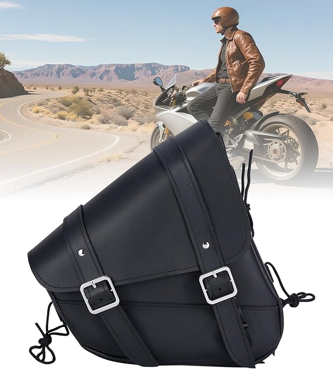 Motorcycle Saddle Bags Leather Motorcycle Solo Swing Arm Bag For Softails Sportsters Choppers Waterproof Side Bags (Black - Right Side, 11.5" x 10.25" x 3.5")