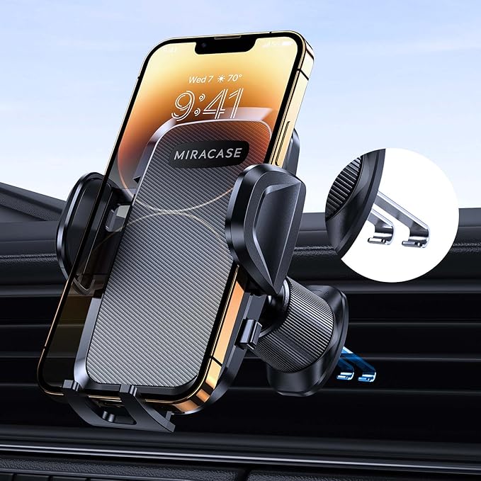 Miracase Phone Holders for Your Car with Upgraded Double Metal Hook Clip, Air Vent Cell Phone Car Mount, Universal Automobile Cradle Fit for iPhone Android and All Smartphones, Light Black