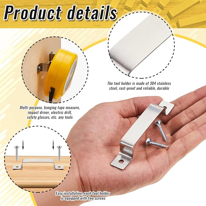 6 Pcs Tape Measure Clip Tape Measure Holder Bench Belt Universal Tool with Screws Stainless Steel Tool Hanger Storage Dock for Mount Drill Power Measures and Belt Clips (Silver)