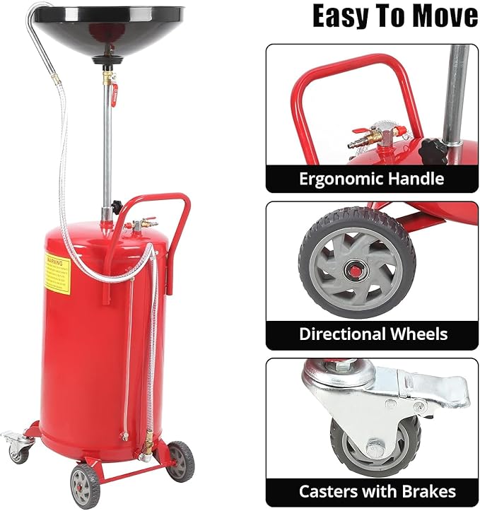 20-Gallon Waste Oil Drain Tank, Air Operated Portable Oil Drainer with Adjustable Funnel Height, Fluid Fuel Transfer Drainage with Wheels, Oil Change Container for Garages, Auto Repair Shops
