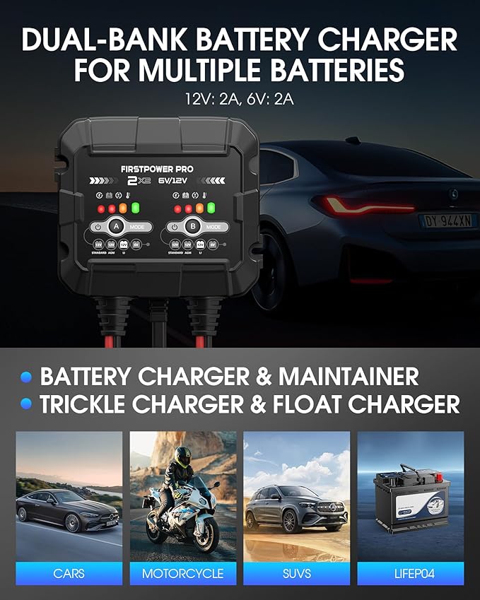 2-Bank, 4A (2A/Bank) Trickle Charger for Car Battery, 12V 6V Car Battery Charger, Automotive Battery Trickle Charger, Battery Maintainer, for Car Motorcycle Lawn Mower AGM, Lithium Batteries