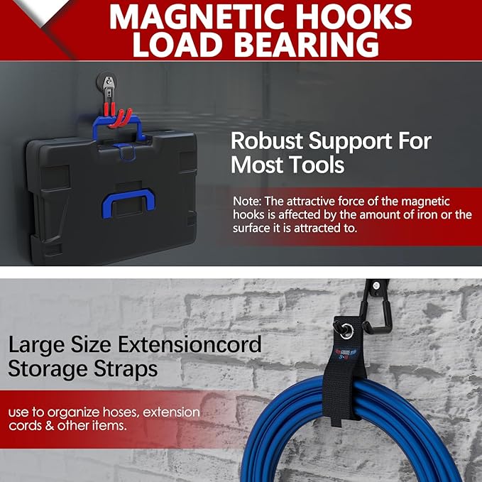 3-H Heavy Duty Magnet Garage Hooks 4 Pack, J Shape Strong Magnetic Hooks for Hanging Cordless Power Drill, Utility Magnetic Tool Holder for Metal Cabinet, Steel Pegboard, Toolbox, Garage(Red)