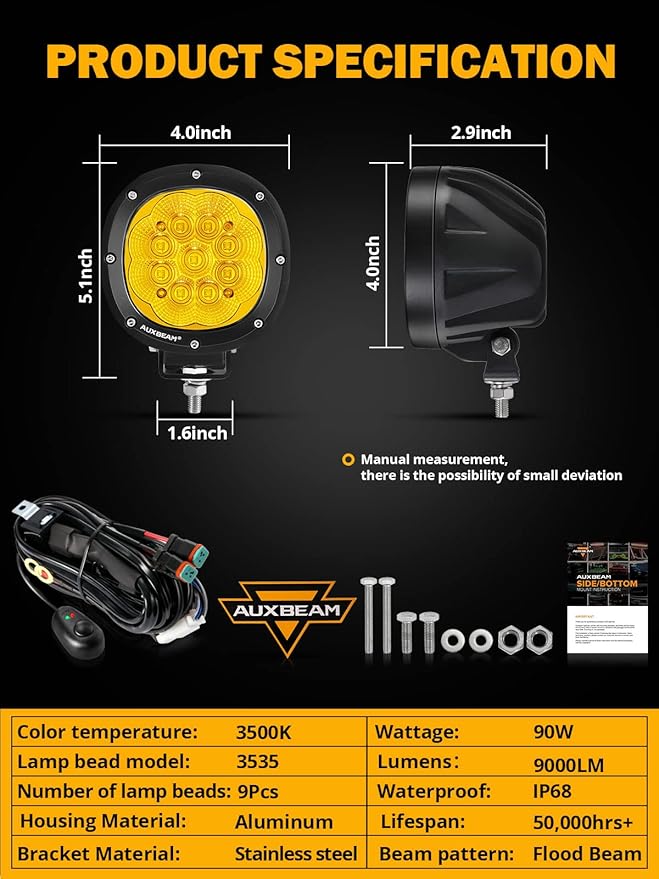 Auxbeam 4 Inch Amber Round LED Driving Light, 2PCS 90W 9000LM Yellow Fog Pods Light Bar Off-Road Flood Work Energy-Efficient Lights with DT Plug Wiring Harness Kit for Truck Jeep Pickup ATV UTV SUV