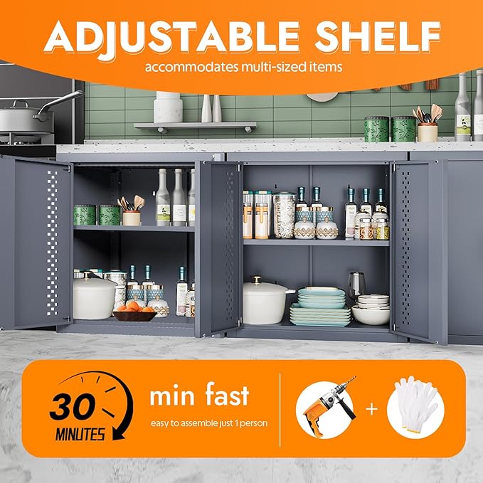 Metal Wall Storage Cabinet Steel Wall Mounted Garage Storage Cabinet with Adjustable Shelf and Doors for Basement Utility Room Warehouse Kitchen