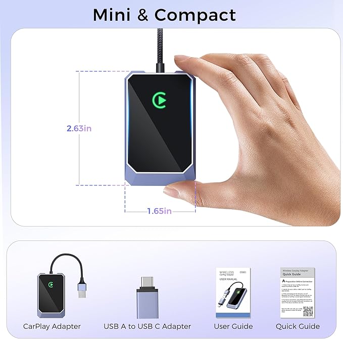 Wireless CarPlay Adapter for Apple iPhone, Convert Wired CarPlay to Wireless, Plug-and-Play, Stable Connection Compatible with OEM Wired CarPlay Vehicles & iOS 10+