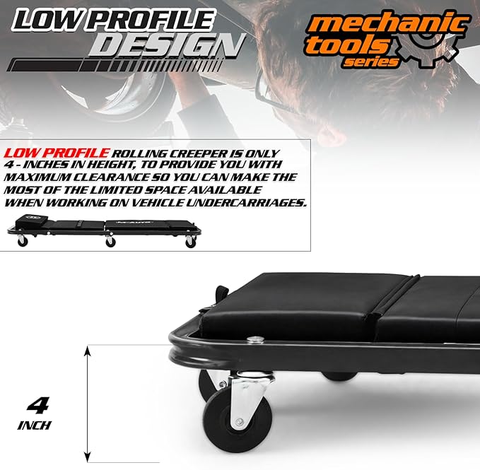 M-AUTO Heavy-Duty Convertible Mechanic Creeper, Z-Creeper 2-in-1 Creeper and Seat 48" Padded Adjustable Headrest Roller Garage Chair with 7 Swivel Casters for Washing, Detailing, Maintenance, Black