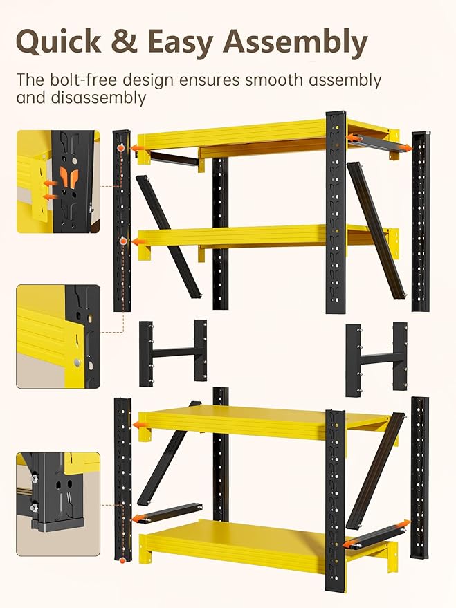 4-Tier Storage Shelves,63" H Heavy-Duty Garage Shelving Unit,Adjustable Industrial Metal Shelf System,3,000lbs Capacity,Tool Organizer for Garage,Workshop,32" W*20" D*63" H,Black&Yellow