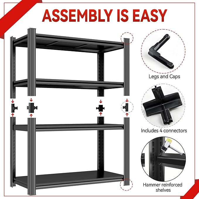 Metal Garage Shelving Unit, Heavy Duty Adjustable Storage Rack, Steel Shelving,2000 lbs Capacity, Industrial Shelves for Heavy Tools and Equipment (4-Tier 59" H x 32" W x 14" D)