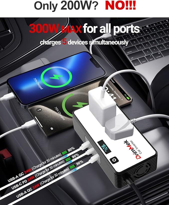 200W Car Power Inverter, Car Plug in Adapter Outlet DC Inverter 12V to 110V AC with 24W USB-C & USB-A Dual AC Outlet, PD/QC Fast Car Charger for Laptop, Vehicles, Road Trip Essentials, Camping