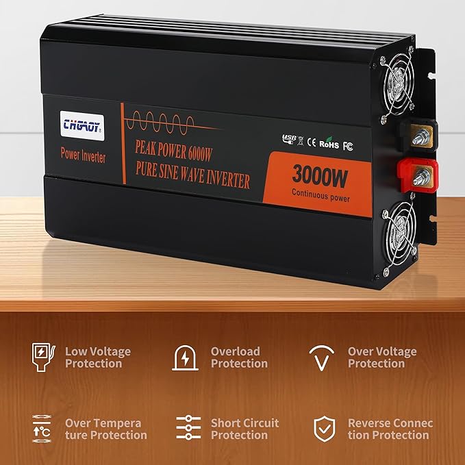 3000W Pure Sine Wave Inverter 12V DC to 120V AC Converter for Home, RV, Truck, Off-Grid Solar Power Inverter with Built-in 5V/2.1A USB, Reliable Cable, Remote Controller