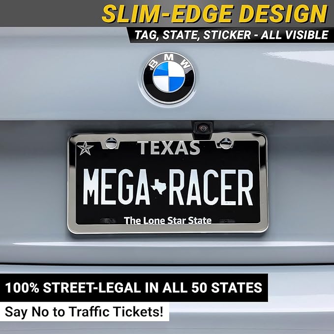 Premium Slim Polished Mirror Chrome License Plate Frame – 1 Pack, Rust-Free Stainless Steel & Rattle-Free, Street Legal Universal Fit with Screw Covers, Thin Silver Metal Front or Rear Car Tag Holder