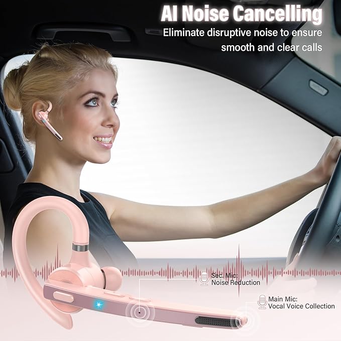 Bluetooth Headset, Wireless Bluetooth 5.3 Earpiece, 90Hrs Hands Free Headset with APTX HD Audio & Mute Button, Dual Noise Cancelling Mics, Single-Ear Headphone for Trucker/Business/Gym/Pink
