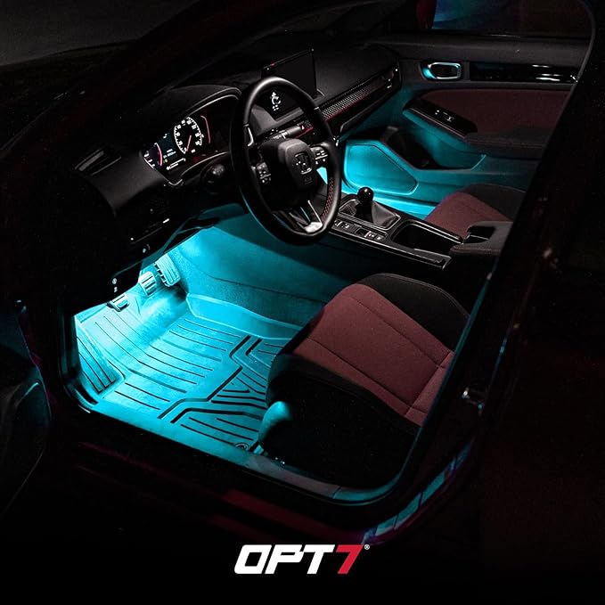 OPT7 Aura Pro Interior Car Lights with App & Remote Control, RGB Color Change, Music Sync Inside Ambient Lighting Kit, Car SUV Van Under Dash Decor, 12V Charger Adapter, 4PC Single Row LED Strip