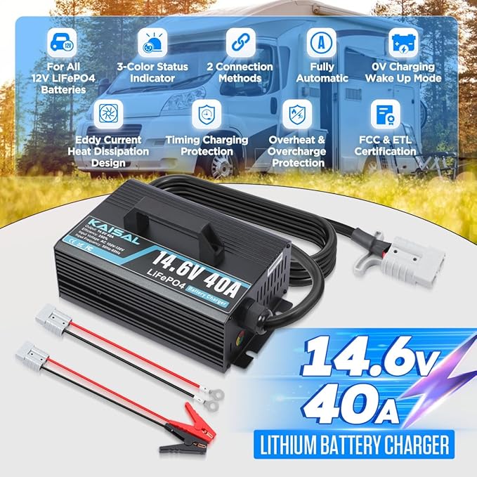 12V 40A Lithium Battery Charger 14.6V LiFePO4 Battery Charger for 12.8V LiFePO4 Lithium Deep Cycle Rechargeable Batteries 0V Wake Up 12 Volt Charger with 2 Connectors for RV, Boat, Car, Marine, Solar