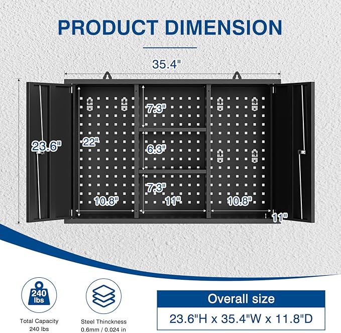 Metal Wall Cabinets for Storage with Locking Doors Adjustable Shelf Pegboard and Hooks, Metal Garage Wall Cabinet, Floating Upper Storage Cabinet