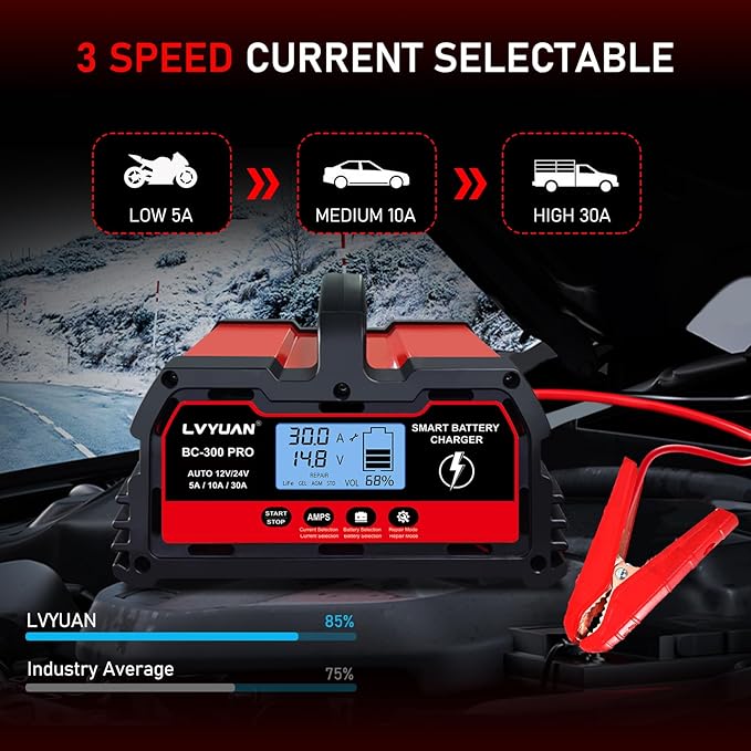 LVYUAN 30Amp Smart Car Battery Charger, 12V/24V Automotive Charger, Lead-Acid Battery, LiFePO4 Battery Maintainer with LCD Display, Trickle Charger, for Lawn Mower, Motorcycle, AGM, STD, Gel, EFB,etc