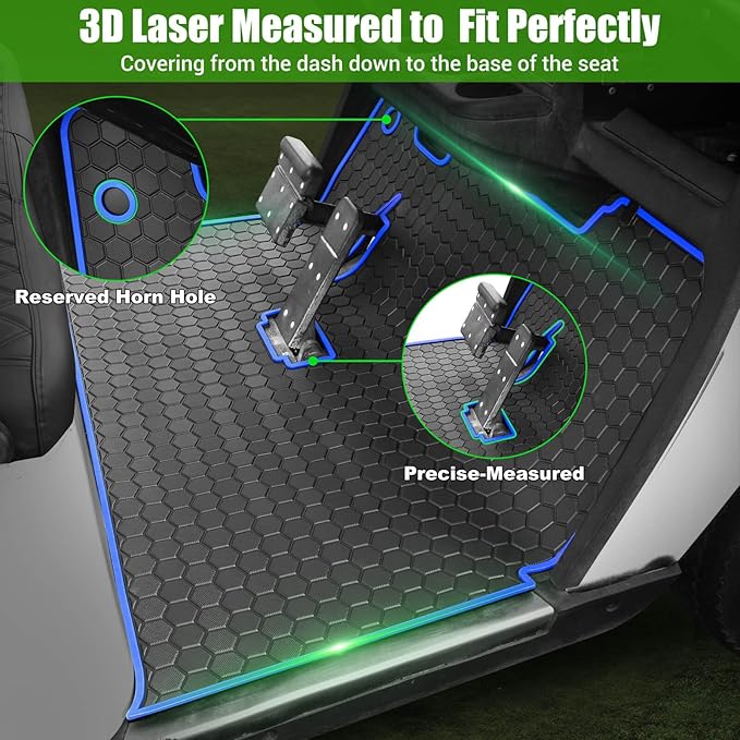 EZGO TXT Golf Cart Full Coverage Floor Liner Mat, fits EZGO TXT (1994+), Valor(1994+), Express S4(2012-2020), Cushman Workhorse, EX1(2020), Thick Anti-Slip Rubber, Blue Trim