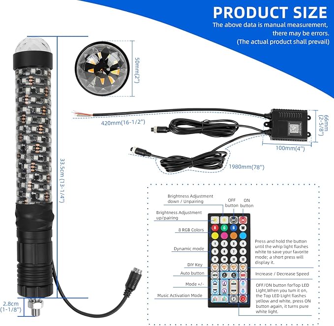 DREAMIZER 2Pack 1FT Fat Whip Lights New Upgraded Spiral LED Whip Light with Strobe Light RGB Chasing Dancing Lighted Antenna Whips W/APP&Remote Control for SXS UTV ATV RZR Can-Am X3 Off-Road Truck