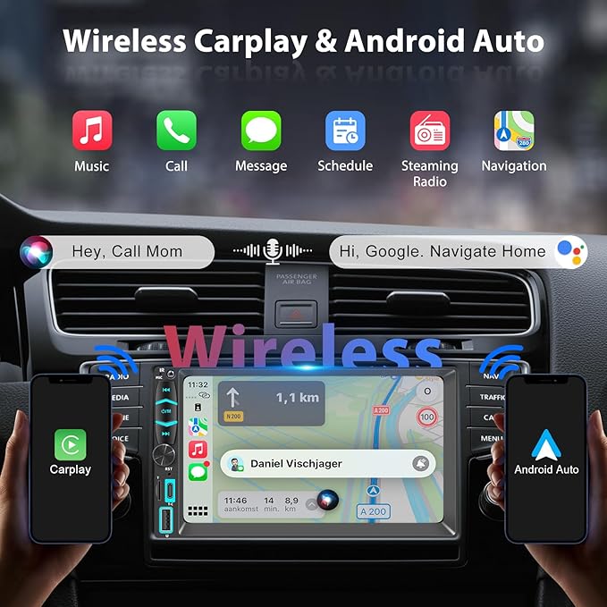 7" Wireless Double Din Car Stereo Apple Carplay Radio Screen for Car Audio Receivers, Bluetooth Car Play Android Auto Touchscreen, Mirror Link, Backup Camera, SWC, AM/FM, AirPlay, Type-C