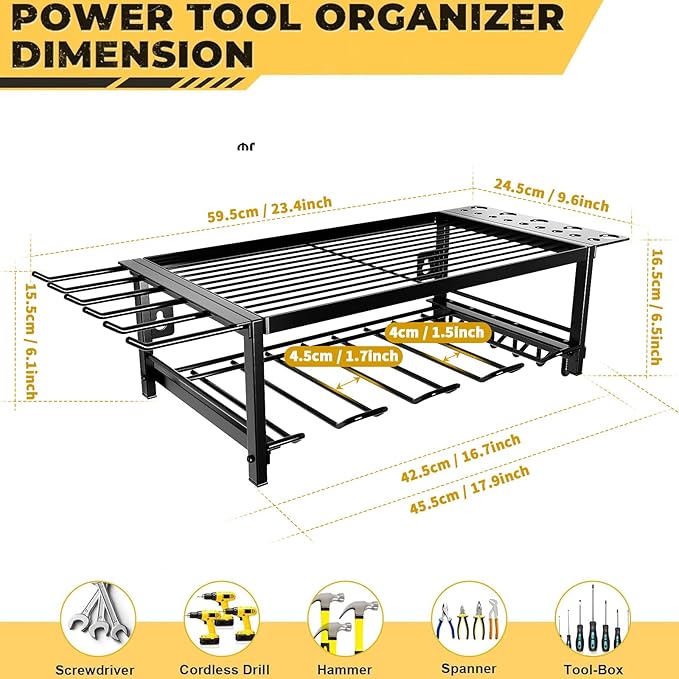 Power Tool Organizer, Garage shelving 2 Layers Garage Tool Organizers 4 Drill Holder Wall Mount, and Heavy Duty Metal Tool Shelf with Screwdriver Holder/Plier Holder/Hammer Holder (Black, 2 Layer)