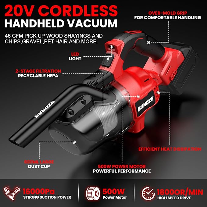 Cordless Vacuum for Milwaukee M18 Battery, 5 in 1 Handheld Electric Vacuum Cleaner with 500W Powerful Motor, 46 CFM Portable Hand Vacuum with 2 Filtration HEPA for Home, Floor, Carpet, Car (Tool Only)