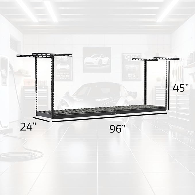 MonsterRax Overhead Garage Storage Rack 2x8, Ceiling Mounted Shelving, Adjustable Hanging Organizer, Heavy Duty Steel, 350 Pound Capacity, Color: Hammertone, Adjusts 24-45" from Ceiling